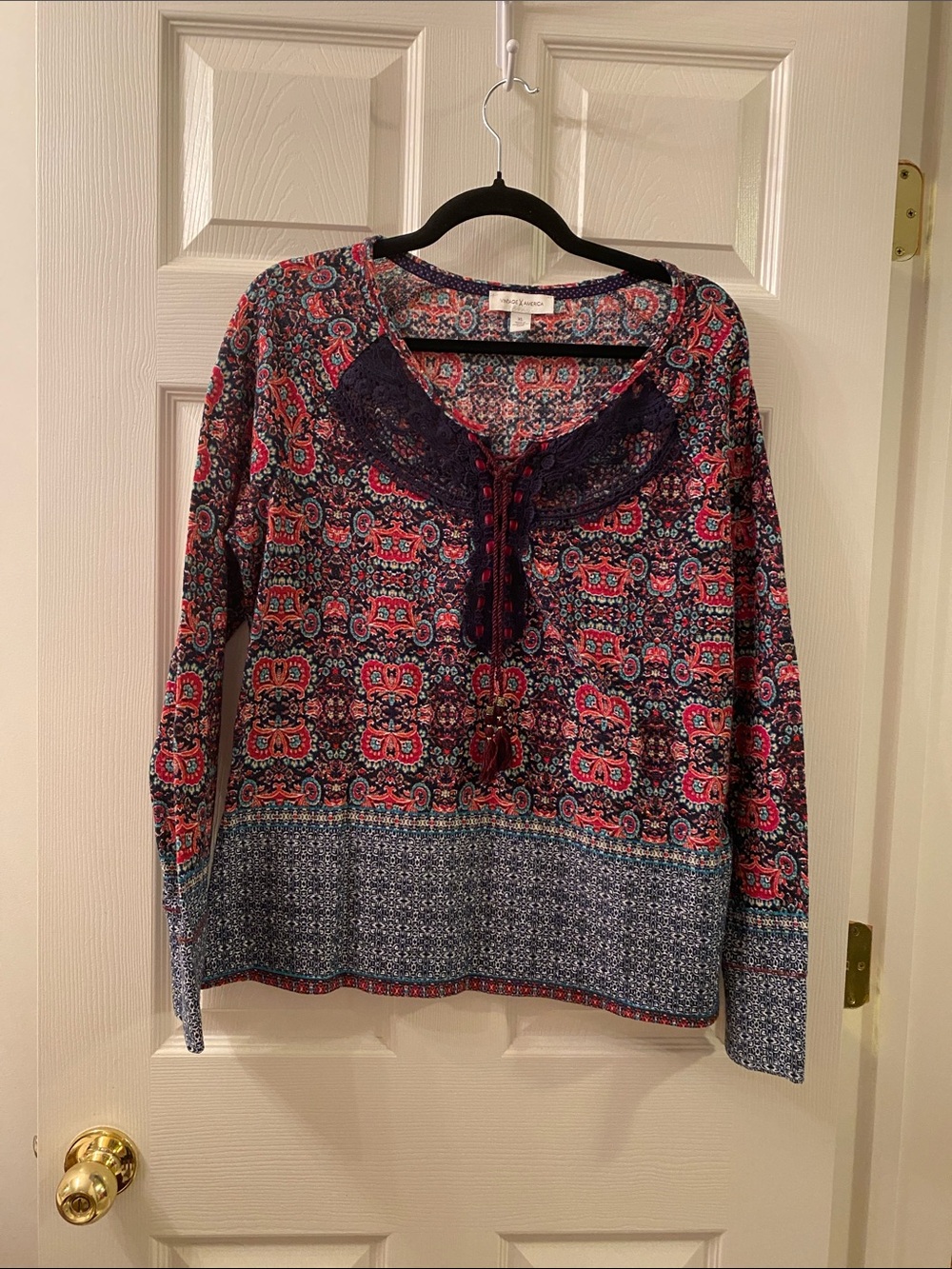 Vintage America Floral Tie-Neck Long Sleeve Tunic in Navy & Pink - Picture 1 of 6